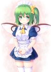  alternate_costume apron ascot blue_dress bow daiyousei dress enmaided fairy_wings green_eyes green_hair hair_bow highres komimiyako maid maid_apron maid_headdress puffy_short_sleeves puffy_sleeves short_sleeves side_ponytail skindentation smile solo thighhighs touhou white_legwear wings wrist_cuffs zettai_ryouiki 