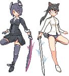  animal_ears bad_id bad_pixiv_id black_eyes black_hair black_skirt breasts cardigan crossover dog_ears dog_tail epaulettes eyepatch full_body headgear holding holding_sword holding_weapon kantai_collection katana kuavera large_breasts left-handed long_hair lowres military military_uniform multiple_girls pixel_art ponytail purple_hair purple_legwear sakamoto_mio short_hair skirt smile strike_witches swimsuit swimsuit_under_clothes sword tail tenryuu_(kantai_collection) thighhighs transparent_background uniform weapon world_witches_series yellow_eyes zettai_ryouiki 