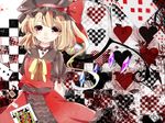  alternate_color blonde_hair card fang_out flandre_scarlet frilled_skirt frills hat heart heart_background mob_cap playing_card red_eyes short_hair side_ponytail skirt smile suzune_hapinesu touhou wings 