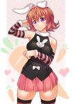  animal_ears bare_shoulders blush breasts brown_hair bunny_ears carrot chobipero colored_stripes detached_sleeves frown highres hunter_x_hunter large_breasts piyon_(hunter_x_hunter) purple_eyes short_hair skindentation skirt solo striped striped_legwear striped_sleeves thighhighs 