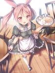  alternate_costume animal_ears apron binzoko_megane_(san-inch) blush bobby_socks bunny_ears cup detached_collar enmaided fake_animal_ears food glass hair_bobbles hair_ornament kantai_collection kneehighs maid mary_janes md5_mismatch pancake pink_eyes pink_hair sazanami_(kantai_collection) shoes short_hair skirt skirt_lift socks solo standing table tray turret twintails white_legwear wooden_floor wrist_cuffs 