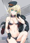 [[[ bikini bikini_pull blonde_hair breasts detached_collar gloves green_eyes groin hat jacket jacket_on_shoulders jacket_removed kuroi_kasumi medium_breasts military_hat navel pulled_by_self ring_dream sitting smile solo sweat swimsuit 