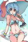  :p alternate_costume bikini blue_eyes blue_hair blush breasts cleavage heterochromia karakasa_obake looking_at_viewer navel puuakachan raincoat red_eyes see-through short_hair small_breasts smile solo sweatband swimsuit tatara_kogasa thigh_gap tongue tongue_out touhou umbrella wide_hips 