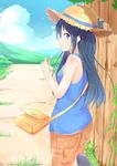  bag blue_eyes blue_hair cloud day eating food handbag hat highres len_cordova looking_at_viewer looking_back original outdoors popsicle sky solo straw_hat tree two_side_up 
