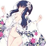  black_hair blush closed_eyes flower hair_flower hair_ornament hanayamata highres japanese_clothes kimono long_hair lying navel nishimikado_tami no_bra no_panties no_pussy off_shoulder on_back open_clothes open_kimono open_mouth solo takeda_yukimura white_background yukata 