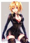  :o bad_id bad_pixiv_id bangs black_gloves black_legwear blonde_hair bodysuit bow bow_bra bra breasts buckle choker cleavage contrapposto cowboy_shot cross cross_earrings earrings fingerless_gloves gloves grey_background hair_between_eyes hand_on_own_thigh hips holding holding_needle jewelry large_breasts looking_at_viewer neck_ribbon needle open_mouth original parted_bangs pink_eyes red_bra ribbon short_hair short_ponytail side_ponytail signature simple_background solo standing thigh_strap thighhighs ty_1865 underwear unzipped zettai_ryouiki zipper 