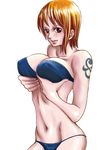 1girl artist_request bikini breast_lift breasts brown_eyes large_breasts looking_at_viewer nami nami_(one_piece) navel one_piece orange_hair short_hair shounen_jump solo swimsuit tattoo 