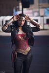  1girl amazon armor belt black_hair blue_eyes cosplay dc_comics jacket lasso leather leather_jacket leather_pants pants photo standing star tiara v330_creations vambraces weneals wonder_woman wonder_woman_(series) 