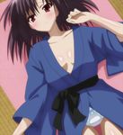  1girl brown_hair ebiten_(manga) japanese_clothes kimono lying panties purple_eyes todayama_izumiko underwear yukata 