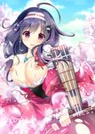  blush bouncing_breasts bow_(weapon) breasts bursting_breasts cherry_blossoms cowboy_shot flight_deck gloves hair_ornament hairband kantai_collection kino_(kino_konomi) large_breasts long_hair looking_at_viewer magatama necktie nipples pantyhose partly_fingerless_gloves pink_eyes purple_hair ryuuhou_(kantai_collection) solo taigei_(kantai_collection) torn_clothes torn_legwear weapon whale_hair_ornament yugake 