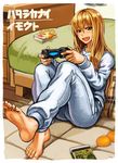  barefoot bed blonde_hair book brown_eyes controller dualshock feet food fruit game_console game_controller gamepad hatarakanai_futari ishii_haruko long_hair mandarin_orange orange pants playing_games playstation_4 sitting smile soles solo sweatpants sweatshirt toes tony_(chikaku_kabin) track_suit 