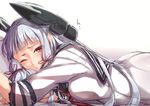  dress hair_ribbon kantai_collection long_hair looking_at_viewer lying murakumo_(kantai_collection) neropaso one_eye_closed red_eyes ribbon sailor_dress silver_hair simple_background solo upper_body white_background 