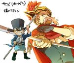  1boy blonde_hair dressrosa dual_persona facial_hair fake_mustache hat helmet mustache one_piece sabo_(one_piece) scar tanaka_(wsuzuw) weapon 