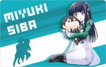  :d bibi black_hair blue_eyes character_doll character_name hair_ornament long_hair looking_at_viewer mahouka_koukou_no_rettousei necktie object_hug open_mouth pantyhose school_uniform shiba_miyuki shiba_tatsuya sitting smile solo 