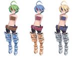  ahoge alternate_color arms_behind_back belt beltbra bike_shorts blonde_hair blue_eyes blue_hair boots brown_eyes disgaea disgaea_d2 expressionless female_warrior_(disgaea) full_body greaves green_eyes green_hair harada_takehito headband midriff multiple_girls navel official_art pointy_ears short_hair standing thigh_boots thighhighs variations white_background 