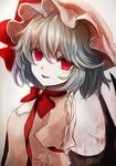  adapted_costume alternate_costume bat_wings blood blue_hair choker hat hat_ribbon looking_at_viewer maho_moco mob_cap puffy_sleeves red_eyes remilia_scarlet ribbon ribbon_choker shirt short_hair short_sleeves simple_background smile solo tongue tongue_out touhou upper_body wings 