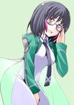  :d adjusting_eyewear bibi black_hair black_neckwear glasses looking_at_viewer mahouka_koukou_no_rettousei multicolored_hair necktie open_mouth school_uniform shibata_mizuki short_hair smile solo two-tone_hair yellow_eyes 