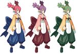  alternate_color bow breasts character_sheet chinese_clothes cleavage clenched_hands disgaea disgaea_d2 female_brawler_(disgaea) full_body green_hair harada_takehito medium_breasts multiple_girls official_art pants purple_hair red_hair shoes short_hair short_twintails standing twintails 