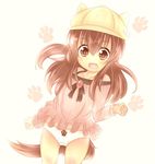  akatsuki_no_guuru animal_ears arms_at_sides blush brown_eyes brown_hair dress dress_lift front-print_panties hair_between_eyes hat hat_with_ears highres imaizumi_kagerou kindergarten long_hair looking_at_viewer open_mouth panties paw_panties paw_print print_panties school_hat short_dress solo tail touhou underwear white_dress white_panties wolf_ears wolf_tail younger 