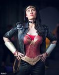  1girl amazon armor black_hair choker cosplay dc_comics hands_on_hips jacket jewelry lasso leather leather_jacket leather_pants nail_polish pants photo ring star tiara v330_creations vambraces weneals wonder_woman wonder_woman_(series) 