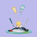  1boy blonde_hair cheese_ming fish food male male_focus one_piece plate sanji seasoning solo 