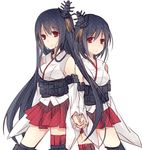  black_hair fusou_(kantai_collection) hair_ornament holding_hands japanese_clothes kantai_collection long_hair looking_at_viewer multiple_girls red_eyes smile suzushiro_kurumi thighhighs very_long_hair yamashiro_(kantai_collection) 