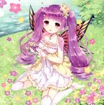  absurdres anklet barefoot blush butterfly_wings crown earrings firiaria flower grass highres huge_filesize jewelry kidatsu!_dungeons_lord long_hair looking_at_viewer outdoors purple_hair red_eyes sitting smile solo toeless_legwear twintails wasabi_(sekai) water wings 