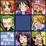  bandanna bangs copyright_name devil_fruit food fruit green_hair hair_over_one_eye hat monkey_d_luffy nami nami_(one_piece) nico_robin one_piece onexone orange roronoa_zoro sanji tony_tony_chopper usopp younger 