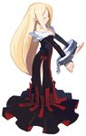  black_dress blonde_hair bow breasts cleavage closed_eyes cuffs disgaea dress earrings full_body harada_takehito healer_(disgaea) jewelry large_breasts long_hair makai_senki_disgaea_2 official_art pointy_ears shackles side_slit simple_background solo standing very_long_hair white_background 