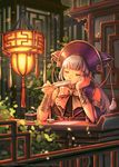  architecture bangs bespin blunt_bangs blurry bow bowtie bracer chin_rest closed_eyes depth_of_field detached_sleeves east_asian_architecture feathers hat head_rest inkwell lampion lattice long_hair original quill silver_hair solo tassel 