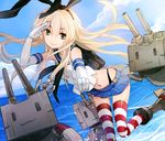  blonde_hair blue_eyes gloves highres kantai_collection lifebuoy long_hair pointing q-chiang rensouhou-chan sailor_collar shimakaze_(kantai_collection) skirt smile solo thighhighs 