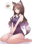  adapted_costume animal_ears ashigara_(kantai_collection) bare_legs bell bell_collar breasts brown_hair collar food fur hairband hungry jingle_bell kantai_collection kemonomimi_mode large_breasts leotard long_hair meat sitting solo sumisu_(mondo) tail thought_bubble v_arms wariza white_background wolf_ears wolf_girl 