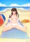  1girl areola barefoot beach breasts brown_eyes brown_hair dead_or_alive hat highres lei_fang long_hair nipples stormcow 