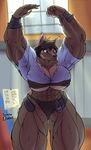  2014 abs anthro belt big_breasts blue_eyes breasts brown_hair canine cleavage clothed clothing female hair mammal muscles panties sammy-upvotes solo standing torn_clothing underwear video_games warcraft were werewolf worgen 