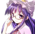  adjusting_eyewear bangs bespectacled capelet crescent double_bun dress glasses hat light_smile long_hair mob_cap nirap patchouli_knowledge pink_dress purple_eyes purple_hair semi-rimless_eyewear solo touhou 