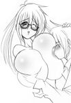  1boy 1girl blush breast_grab breast_sucking breasts glasses grabbing huge_breasts kloah long_hair monochrome wink 