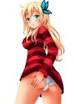  :o ass ass_grab blonde_hair blue_eyes blush boku_wa_tomodachi_ga_sukunai breasts butterfly_hair_ornament colored_stripes fast-runner-2024 from_behind grabbing_own_ass hair_ornament highres kashiwazaki_sena large_breasts long_hair looking_back no_pants open_mouth panties parted_lips striped striped_sweater sweater underwear white_panties 