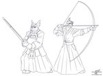  anthro armadillomon arrow bow clothing digimon hawkmon japanese_clothing kimono male plain_background sword weapon wolfblade 