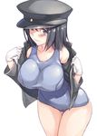  akitsu_maru_(kantai_collection) black_eyes black_hair blue_eyes breasts cowboy_shot gloves hat jacket kantai_collection large_breasts lips looking_at_viewer mikage_sekizai one-piece_swimsuit peaked_cap shirt_down short_hair simple_background solo standing swimsuit white_background white_gloves 