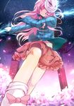  blue_shirt caibao expressionless fighting_stance foreshortening fox_mask from_below hata_no_kokoro highres long_hair looking_at_viewer mask outdoors perspective pink_eyes pink_hair pink_skirt plaid plaid_shirt polearm shirt skirt sky solo spear star_(sky) starry_sky touhou weapon youkai 