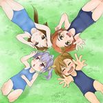  4girls :d ^_^ artist_name barakamon brown_hair chestnut_mouth closed_eyes crossover dated from_above grass idolmaster idolmaster_cinderella_girls kazuya_lolicon kotoishi_naru long_hair lying mikakunin_de_shinkoukei mitsumine_mashiro miyauchi_renge multiple_crossover multiple_girls new_school_swimsuit non_non_biyori old_school_swimsuit one-piece_swimsuit open_mouth purple_hair red_eyes ryuuzaki_kaoru school_swimsuit short_hair side_ponytail signature smile swimsuit twintails yellow_eyes 