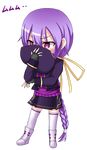  bad_id bad_pixiv_id blush braid chibi covering_face eltnum embarrassed full_body hat hat_removed headwear_removed inaba_sunimi jacket long_hair purple_eyes purple_hair single_braid sion_eltnam_atlasia skirt solo thighhighs transparent_background under_night_in-birth very_long_hair white_legwear 