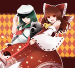  :d arano_oki armor ascot bare_shoulders blush brown_hair cannon commentary_request crossover detached_sleeves dress eyepatch green_eyes green_hair hakurei_reimu hat kantai_collection keyblade kingdom_hearts kiso_(kantai_collection) multiple_girls ofuda open_mouth red_eyes sailor_hat sarashi school_uniform serafuku smile touhou tsurime yin_yang 