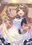  :d apron apron_lift bow brown_hair hair_bow hair_ribbon haoni happy_birthday long_hair love_live! love_live!_school_idol_project maid maid_headdress minami_kotori open_mouth ribbon smile solo sparkle translated wonder_zone yellow_eyes 