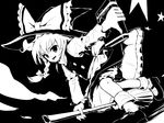  book bow braid broom greyscale grimoire hair_bow hat kirisame_marisa kongari_(kngr) long_hair mary_janes monochrome ribbon shoes solo star touhou witch_hat 