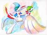  cape dress fighting_stance gallade gardevoir gen_3_pokemon gen_4_pokemon horns mega_gallade mega_gardevoir mega_pokemon no_humans pokemon pokemon_(creature) pose red_eyes shige_(19921012) spikes traditional_media watercolor_(medium) weapon 