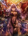  absurdres breasts circlet cleavage cloud cowboy_shot detached_sleeves highres horns large_breasts lee_hyeseung lightning long_hair looking_at_viewer official_art polearm purple_hair red_eyes seikon_no_arcana solo spear weapon wings 