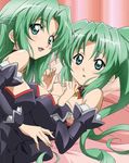  angel_mort breasts green_eyes green_hair higurashi_no_naku_koro_ni large_breasts multiple_girls official_art ponytail siblings sisters sonozaki_mion sonozaki_shion twins 