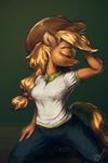  2014 anthro anthrofied applejack_(mlp) assasinmonkey blonde_hair clothing earth_pony equine eyes_closed female freckles friendship_is_magic hair horse kneeling mammal my_little_pony pony pose solo 