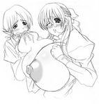  1boy 1girl blush breast_grab breast_sucking breasts deep_skin gigantic_breasts glasses grabbing kloah lactation long_hair monochrome nipples open_clothes open_shirt puffy_nipples shirt wink 